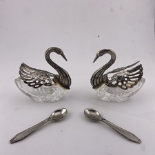 Vintage Silver Plate Swan Salt Cellars with Attached Glass Bowls and Spoons