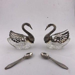 Vintage Silver Plate Swan Salt Cellars with Attached Glass Bowls and Spoons