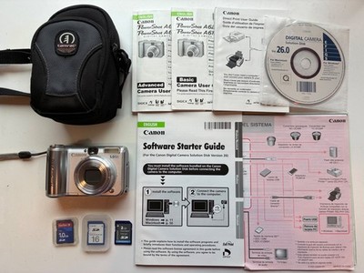 Canon PowerShot A610 5MP Digital Camera Bundle 4xZoom 3-SD Cards Silver Works