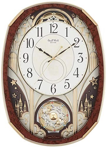 RHYTHM Wall Clock Radio Analog Karakuri Small World Noel M 30 Songs Melody Brown
