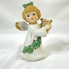 Vintage Giftco Christmas Angel Gold Trim Holly with Harp Figurine Cute 4.5"