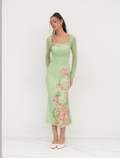 CIDER MESH SQUARE NECKLINE FLORAL KNOTTED BACKLESS MIDI DRESS LARGE 12/14