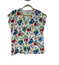 Vintage 80s Womens Large Rainbow Tulip Floral Boxy Shirt USA Cottagecore Country