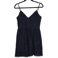 NBD Miley Beaded Mini Dress Black Strap Lace Fit & Flare Fully Lined Women's M