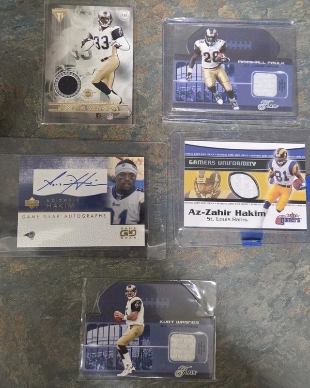 RAMS LOT OF (5) AUTO & GAME USED/WORN FOOTBALL CARDS.  FAULK,WARNER,HAKIM,PAGE