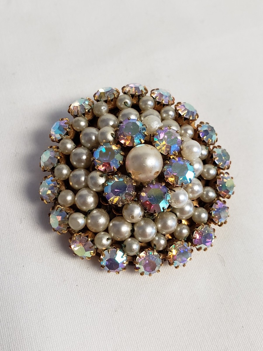 Vintage Signed Marvella Faux Pearl AB Rhinestone Brooch Pin Rare