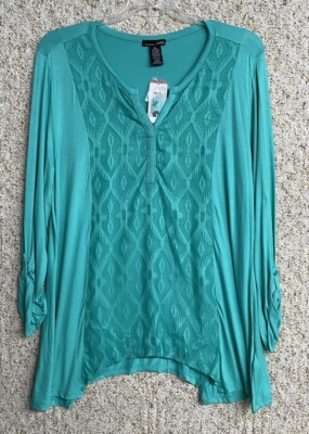 RXB Blouse Roll Tab Women's Size XL Soft Lace Embroidered Top Pool Green,