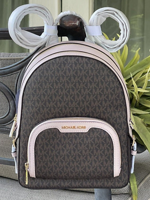 MICHAEL KORS JAYCEE MEDIUM ZIP BACKPACK BAG TOTE MK BROWN LOGO PINK LEATHER