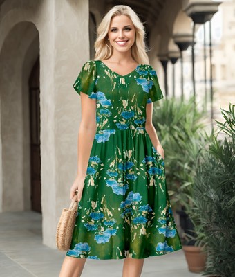 Bon Apple Tea Women's V-Neck Flutter Sleeve Dress with Pockets