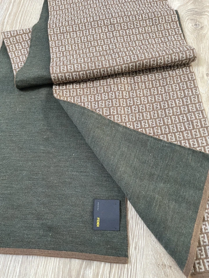Fendi Monograma FF Lana Chal Bufanda Estola Beige Verde Logo De Colección AUTÉNTICO Foto 3 de 4