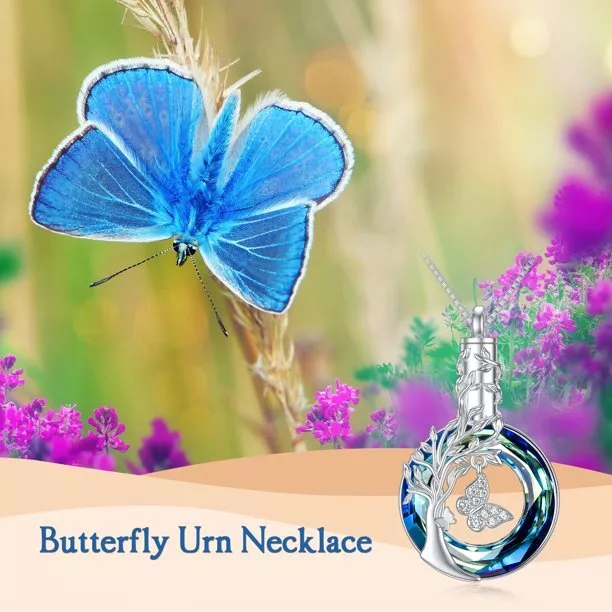 CREMATION URN ASH TREE BUTTERFLY blue Pendant 22