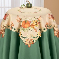Embroidered Square TableCloth Pumpkin Leaves Intricate Cutouts Scroll Fall Decor