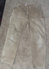 CARHARTTB01 BRN Duck Double Knee Distressed Faded Work Pants USA Mens 36x34