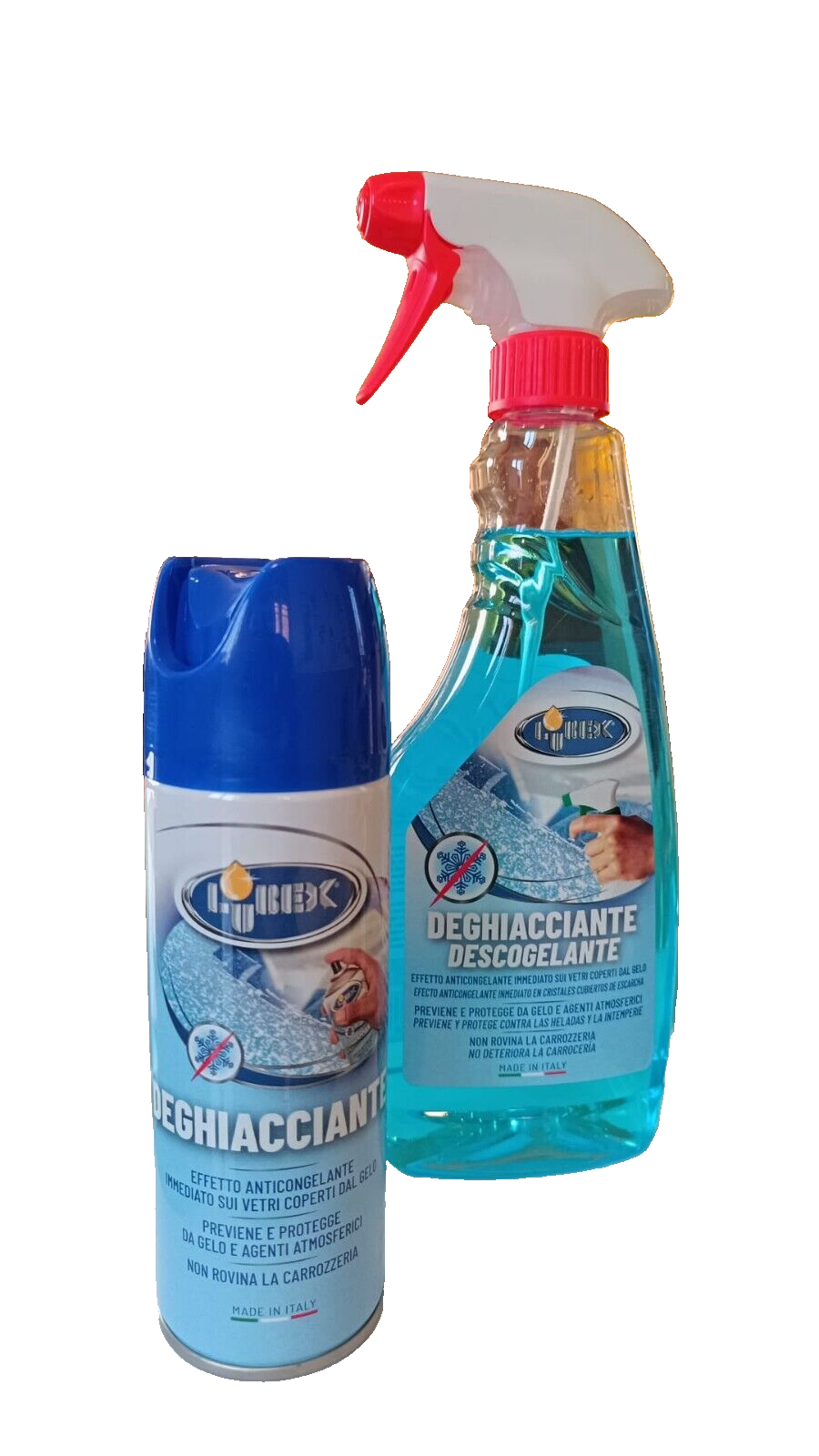 Deghiacciante Parabrezza Auto LUBEX Sciogli Ghiaccio cristalli  200 ml + 500 ml.