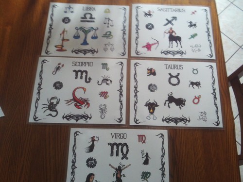 Tattoo Flash Zodiac 11 x 12 ,11 Zodiac laminated ,Pisces missing, All line draws - Picture 2 of 3