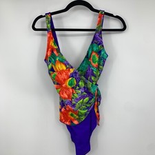 Sirena Womens 12 Swimsuit One Piece Ruched Slimming Purple Floral Vintage Artsy