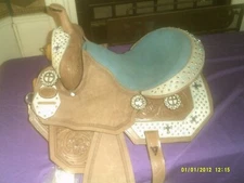 Saddle By Silver Royal All Leather Barrel Racing Turquoise with Crosses 141/2" 