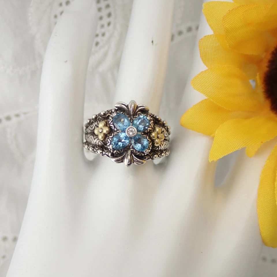 Anillo Barbara Bixby Topacio Azul Flor Espinela Transparente Plata de Ley 18K Talla 8 14g Foto 2 de 4