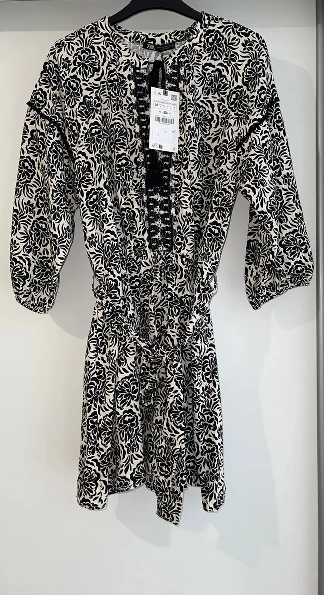 ZARA BLACK ECRU LINEN BLEND FLORAL PRINT BELTED PLAYSUIT WITH