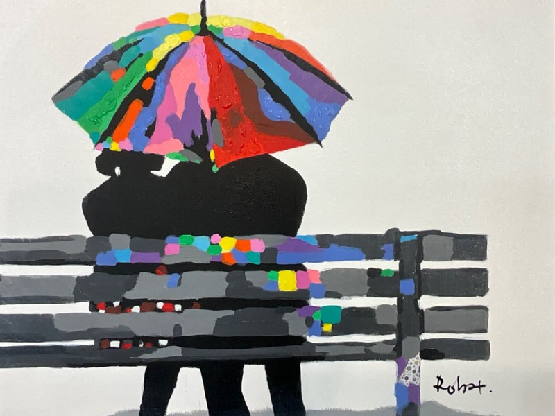 oil painting colorful couple on bench modern art 20 x 24”