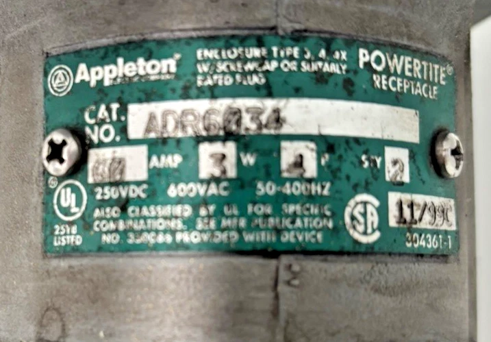 ADR6034 - Appleton Pin & Sleeve Receptacle,4-Pole, 3-Wire, 60A, 600VAC, 250VDC - Image 2 of 4
