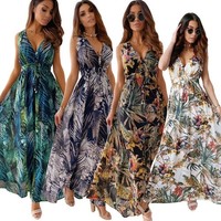 Women's Floral Boho Maxi Dress Summer V-Neck Holiday Beach Long Sun Dresses SIZE