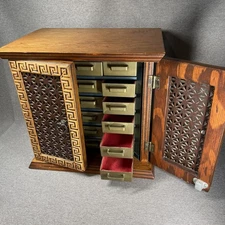 Vtg Handmade Wood Jewelry Box or Button Chest 18 Drawers Table Top Cabinet MCM