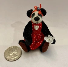 Sweet Vintage Miniature Velveteen Artist Made Panda Bear Girl  Fully Jointed 3”