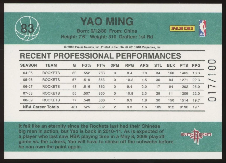 Yao Ming #83 2010-11 Panini Donruss Press Proof Houston Rockets /100 - Image 2 of 3