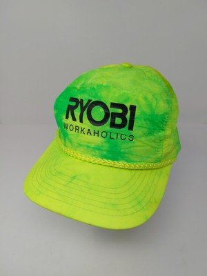 #ad Vtg Ryobi Workaholics Nylon Roped Strap Back Hat Adjustable 80#x27;s Fluorescent Cap $21.99