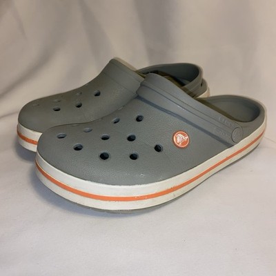 Crocs Grey With White Trim And Orange Stripe Size 6 Mens, 8 Women s Great Shape!
