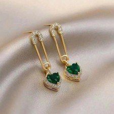 Safety Pin Earrings – Green Heart Gemstone Drop – Iced Out Gold-Tone Design