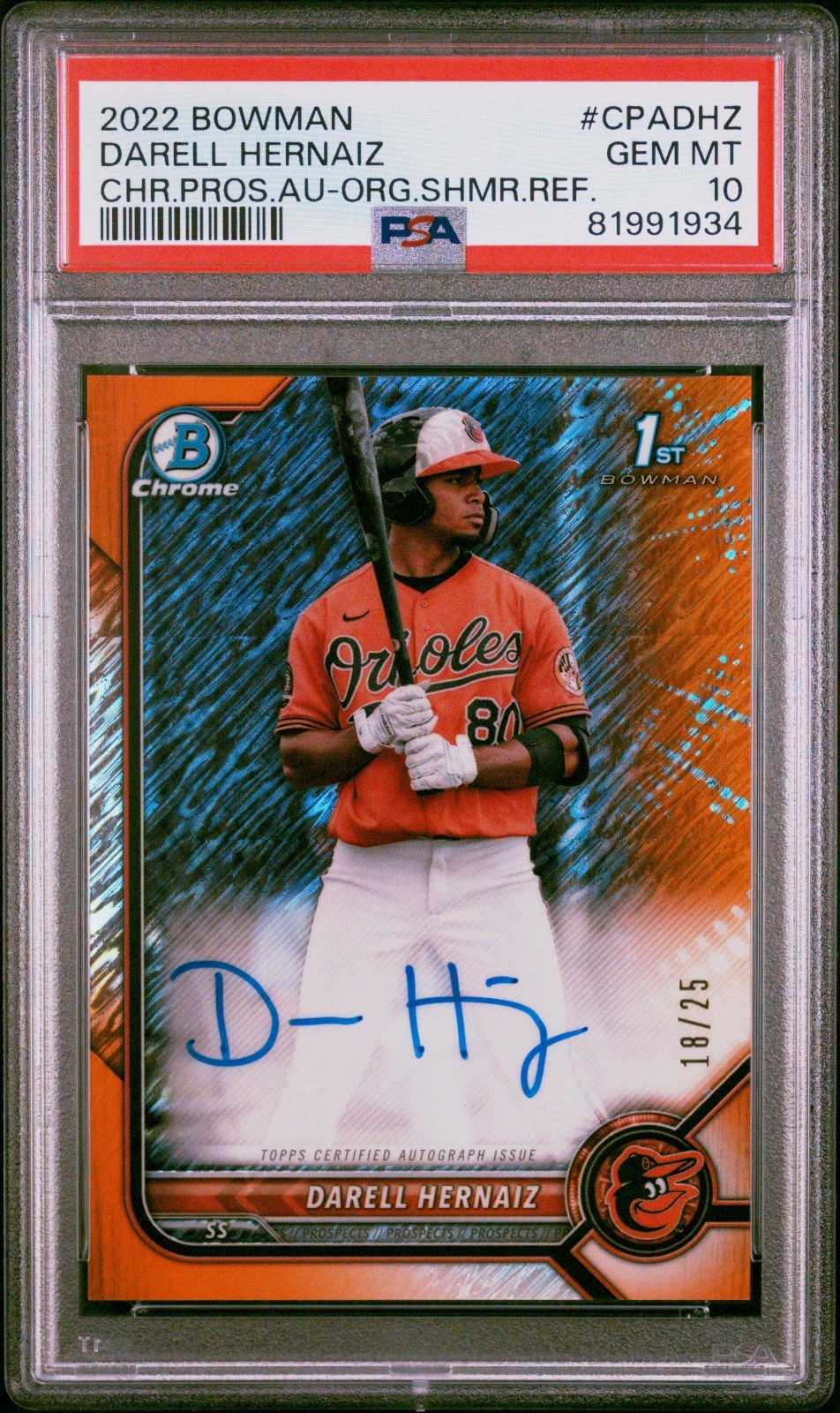 2022 Bowman Darell Hernaiz Chrome 1st Prospect Orange /25 Auto PSA 10 #CPA-DHZ