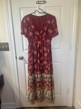 Madewell Dress Womens Sz 2 Red Floral Maxi Short Sleeve V Neck Lined Boho A Line