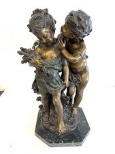 Auguste Moreau 'The Secret' Figural Sculpture of Two Children with Puppy