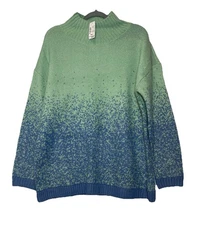 CJ Banks Green Blue Mock Neck Tunic Pullover Sweater Plus 1X Subtle Shimmer NWT