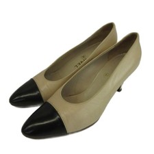 CHANEL Pumps Cap Toe Mid Heel Leather Beige Black Women's Size EU36.5/US6.5
