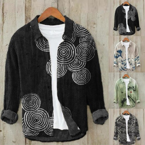 Herren Hawaii Langarm Button Down Hemd Freizeit traditionelles Muster - Bild 4 von 20