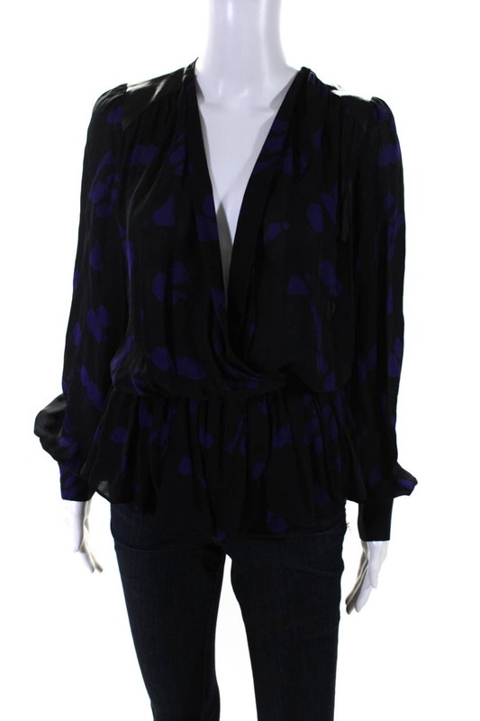Parker Womens Silk Long Sleeve Polka Dot Peplum Ruched Blouse Top Black Size XS