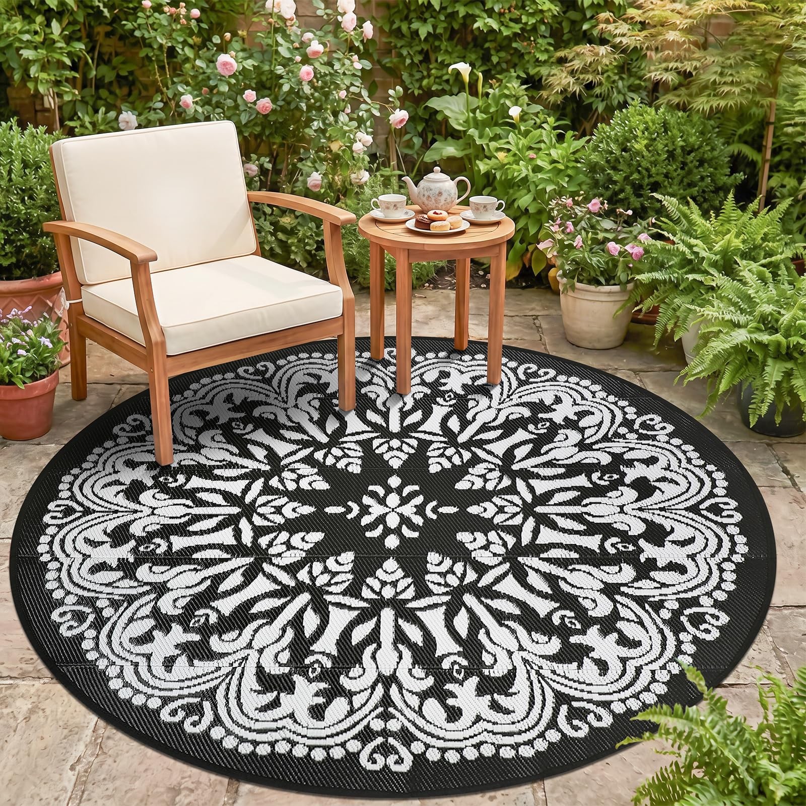 5Ft Round Outdoor Rug, Polypropylene, Lightweight, Waterproof, Reversible, Bl...