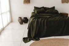 Olive Dark  Linen flat sheet king queen twin and other sizes 3 Piec Bedding Set.