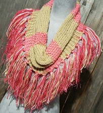 NEW Hand Knitted Boho Cowl Scarf Fringe Beige Pink Cottage Coquette Whimsy Artsy