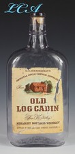 Antique OLD LOG CABIN flask w/label Fine Kentucky STRAIGHT BOURBON WHISKEY