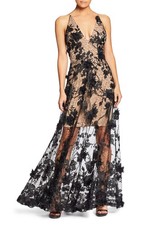 Dress the Population Women Sydney Lace Floral-Appliqu  Gown Black/Nude Sz S 328
