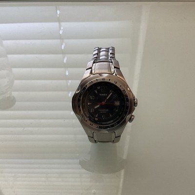 Timex I-Control Analog Wristwatch Round Silver Metal Band Black Dial Date 50m