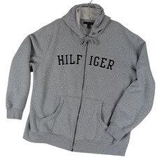 Tommy Hilfiger Hoodie Mens XL Gray Spell Out Zip Drawstring Street Casual Y2K