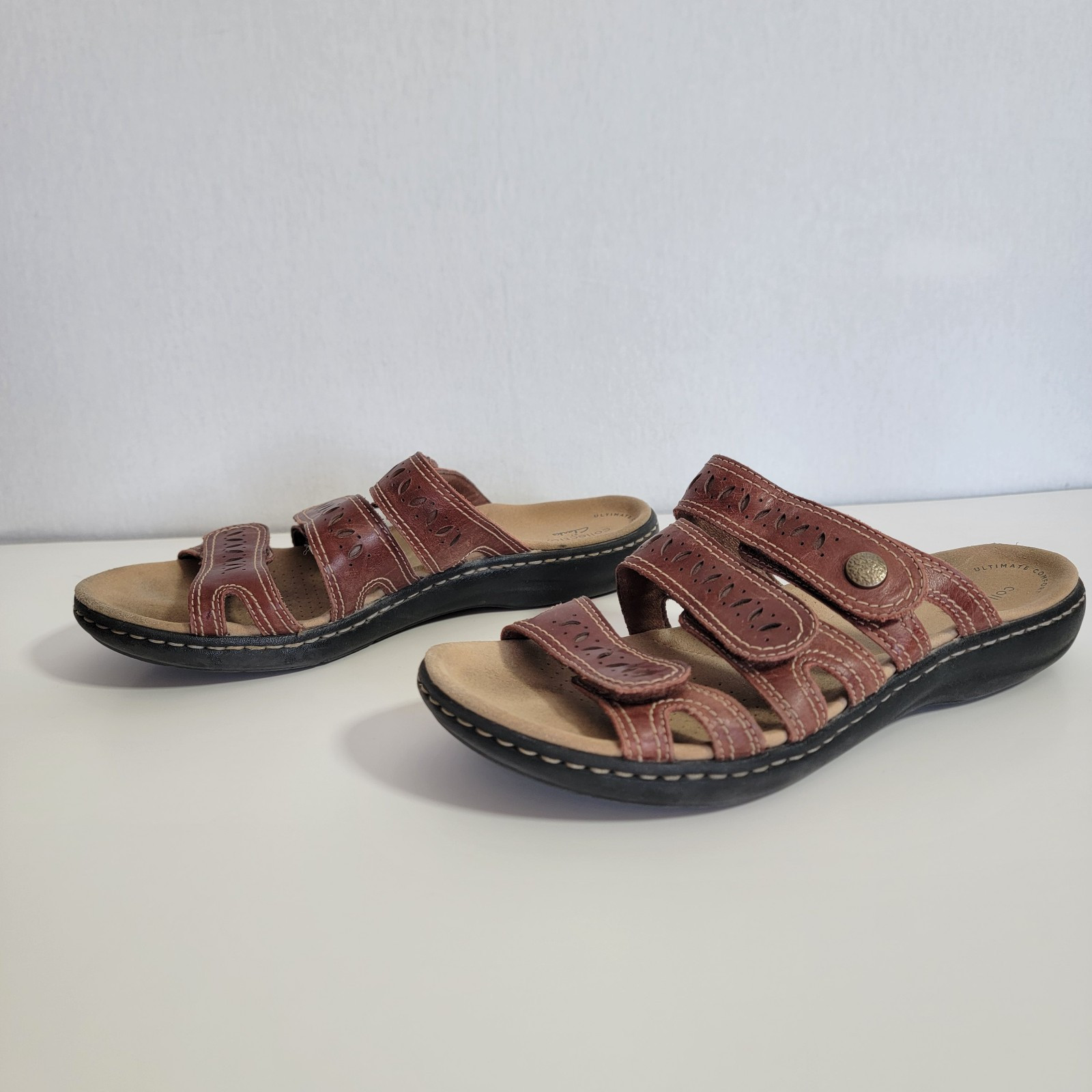 Clarks Laurieann Dee Mahogany Leather Slide Sandals Adjustable Strap Women's Size 8