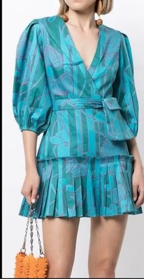 Alexis Sakura Blue Green Tropical Pleated Puff Sleeve Mini Dress Sz M READ