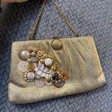 Vintage Gold Metallic Evening Clutch Bag Faux Pearl Button Embellished Formal