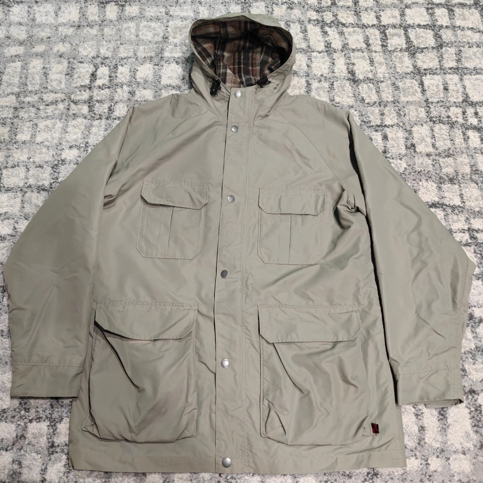Woolrich Mens M Field Jacket Gray Nylon Waterproof Hooded Wool Plaid Lined Parka